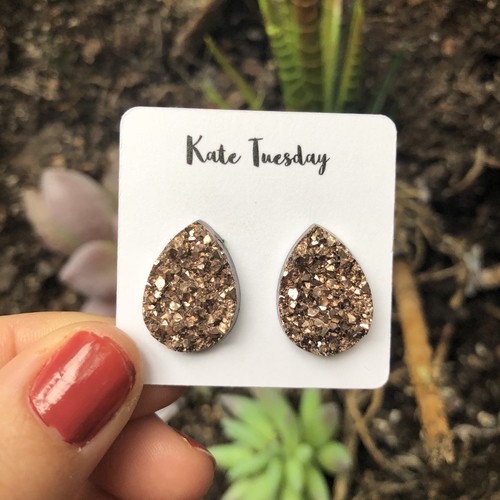 Rose Gold Raw Teardrop Druzy Earrings