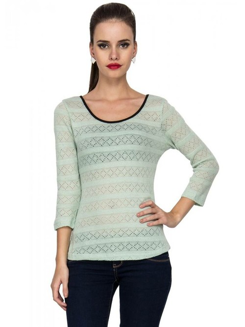 Women's Regular Length Green Cotton Round Neck Tees