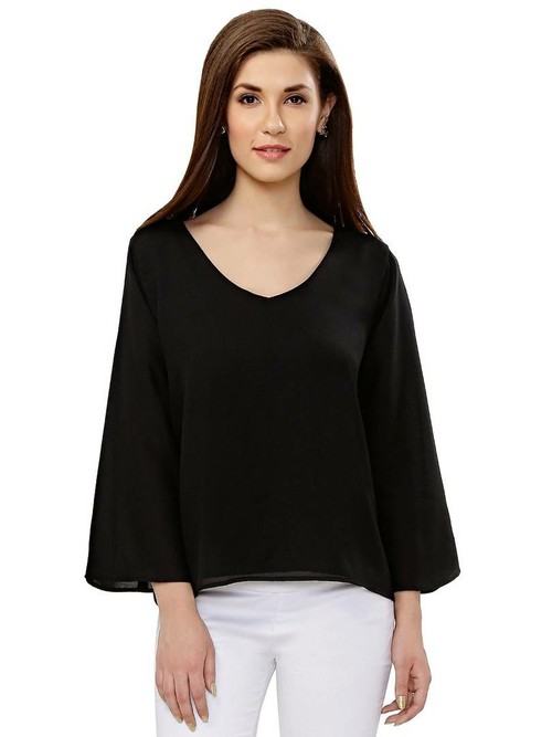 Women's Regular Length Black Georgette Round Neck Tees