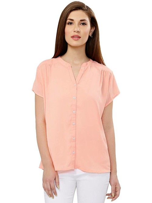 Women's Regular Length Peach Georgette Round Neck Tees