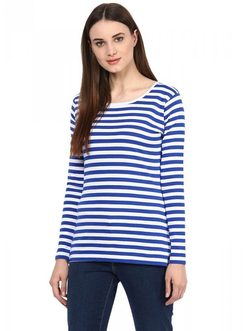 Women's Regular Length Blue Cotton Round Neck Tees