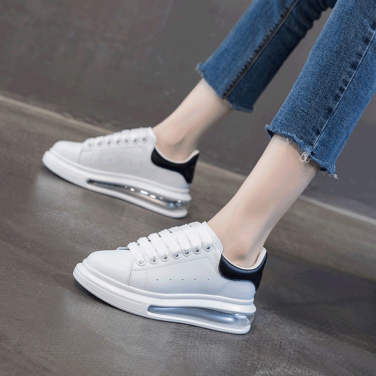 White Shoes Women's Leather Thick-soled Cushion Women's Casual Shoes Spring And Autumn Breathable Increased Sports Shoes Women 36 BLACK-TAILED WHITE RIBBON 