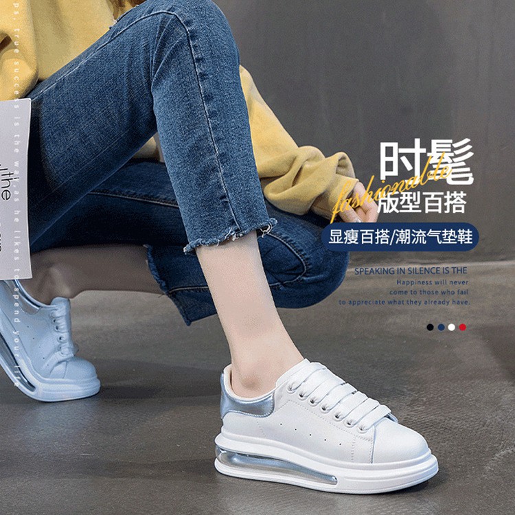 White Shoes Women's Leather Thick-soled Cushion Women's Casual Shoes Spring And Autumn Breathable Increased Sports Shoes Women 35 SILVER LEUCORRHEA 