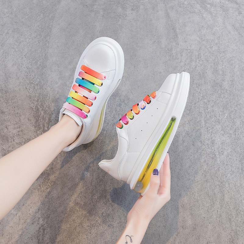 White Shoes Women's Leather Thick-soled Cushion Women's Casual Shoes Spring And Autumn Breathable Increased Sports Shoes Women 36 FULL WHITE RAINBOW BACKGROUND 