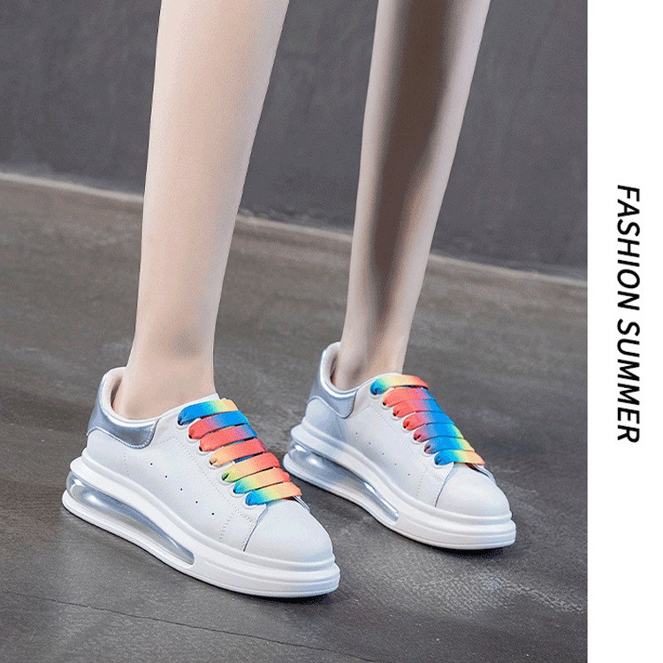 White Shoes Women's Leather Thick-soled Cushion Women's Casual Shoes Spring And Autumn Breathable Increased Sports Shoes Women 35 SILVER RIBBON 