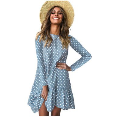 2021 Fall/winter Dress Fashion Print Polka Dot Ruffled Long-sleeved Women's Dress Loose