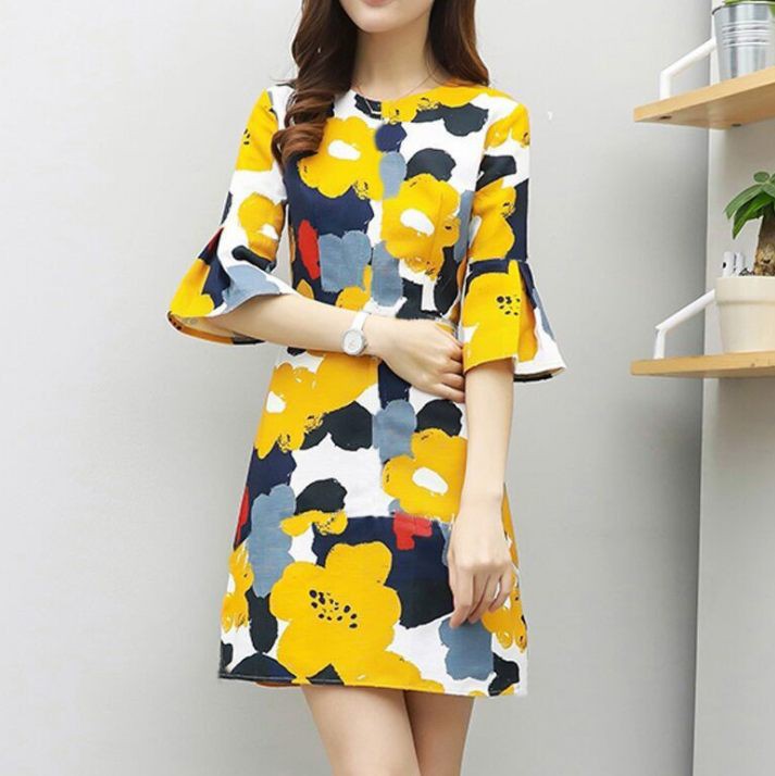 Ladies slim small fresh dress mid-length printed a-line skirt