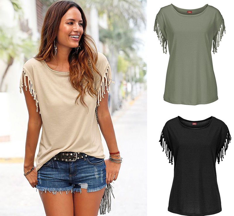 Round neck short sleeve cuffs fringed T-shirt cotton top