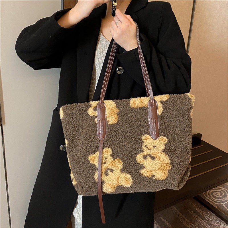 Women Cute Bear Plush Shoulder Bag Large Tote Handbag Purse