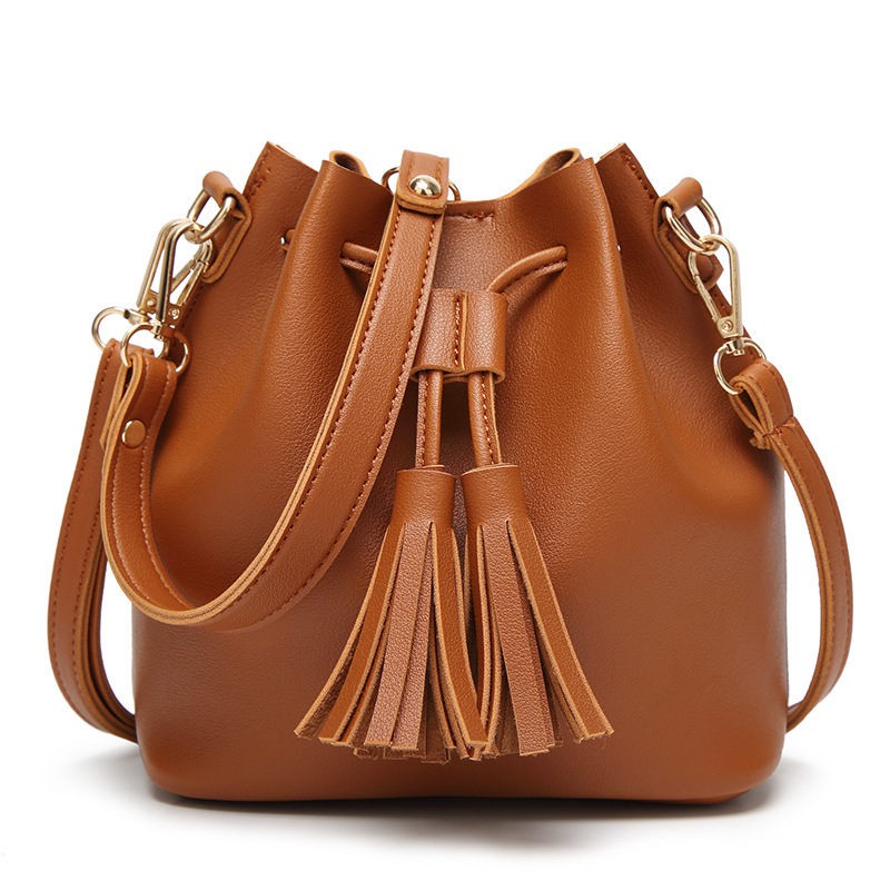 Vintage Fashion Small Women Leather Bucket Bag Handbag Tassel Drawstring Shoulder Bag