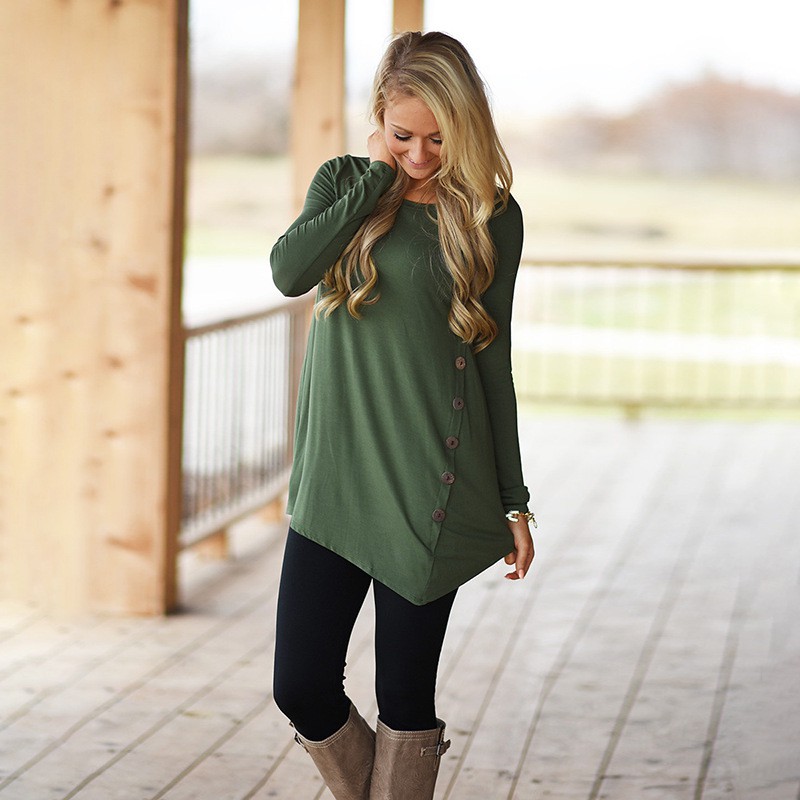 women's wear irregular long sleeve ladies T-shirt, leisure button bottoming shirt GREEN M 