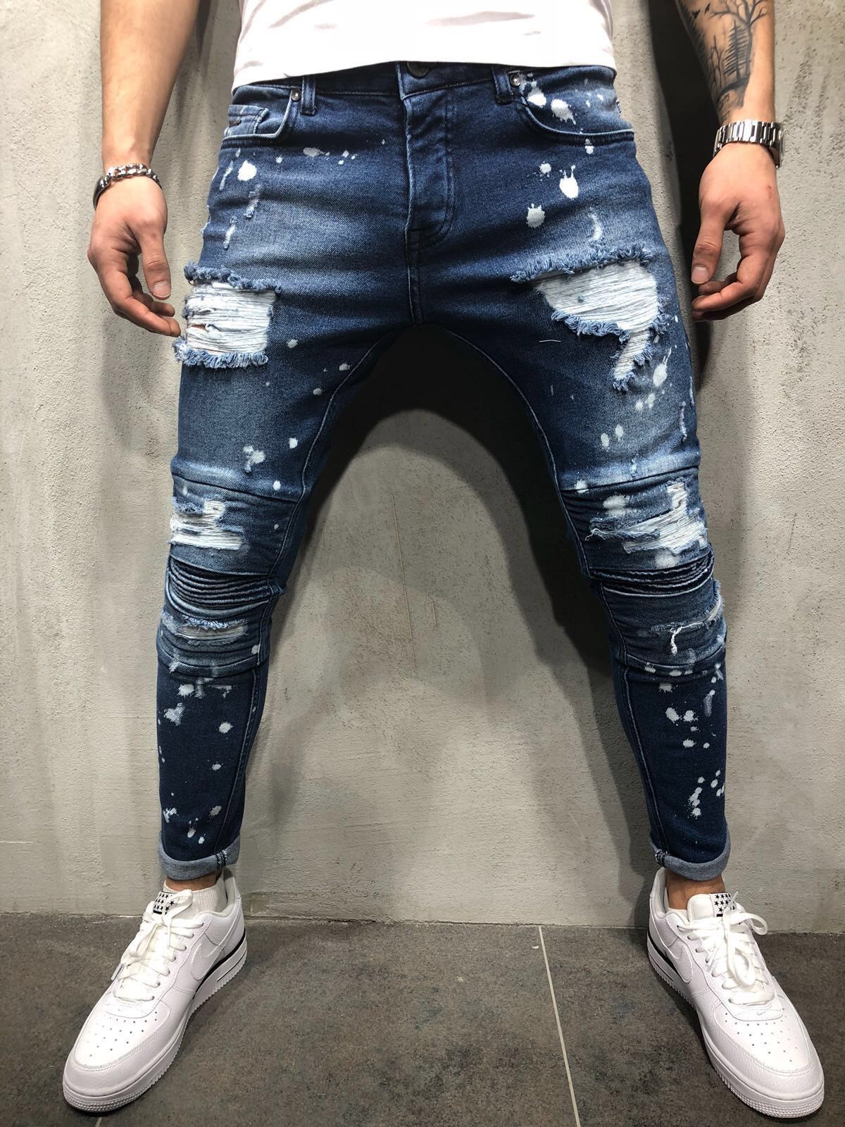 Men's Slim Slim Jeans Ripped Knee Folded Jeans