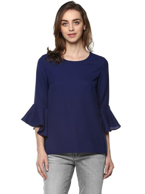 Women's Regular Length Navy Blue Georgette Round Neck Tees