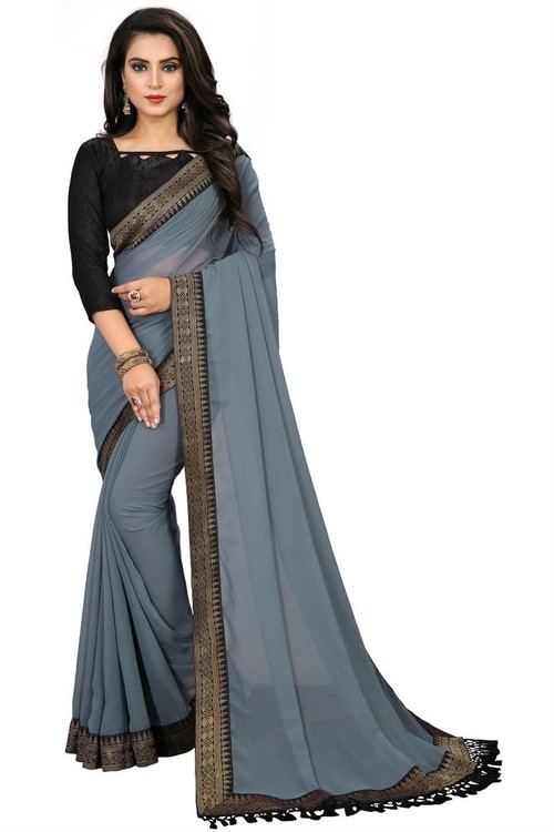 Women's Georgette Jhalar (Tassel) Work Saree With Blouse Piece (Grey