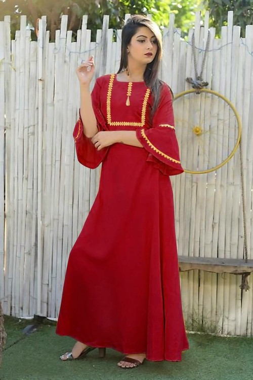 Elegant Red Solid Rayon Gota Patti Work Kurti