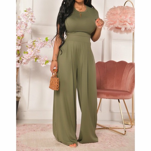 Casual O Neck Short Sleeve Top T-shirt and Wide-leg Pants