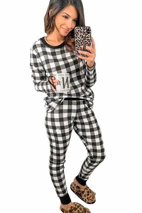 Black Plaid Two Pieces Pant Set Loungewear