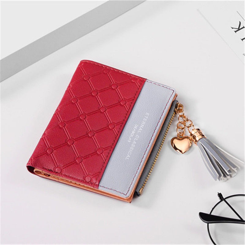 Contrast embossed zipper handbags tassels high-grade soft leather wallet simple coin purse RED 