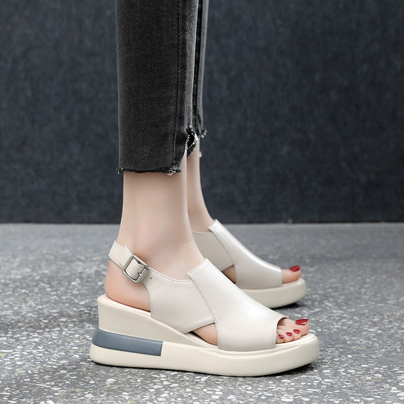 Thick Bottom Wedge Sandals Women's 2021 New Summer High-heeled Fish Mouth Women's Shoes Soft Leather Raised Platform Shoes