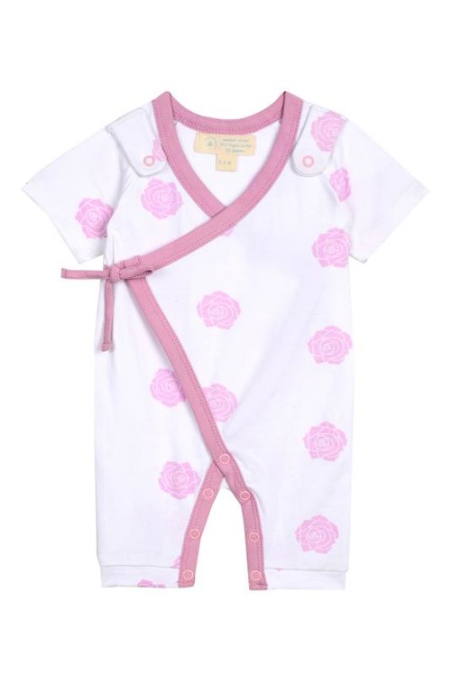 Smart Short Sleeve Kimono Romper + Bib - Pink Rose