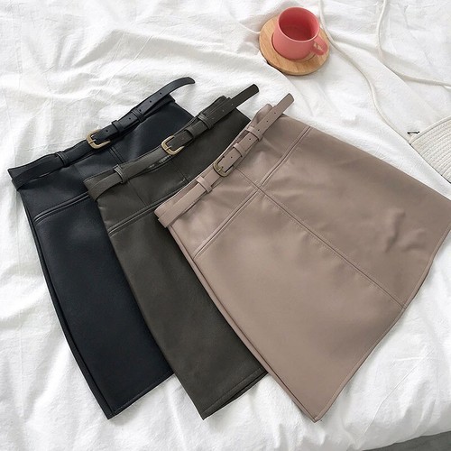 Korean Women PU Leather A Line Skirt Female