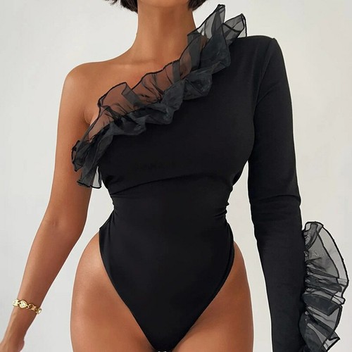 Patchwork Mesh One Shoulder Women Bodysuit