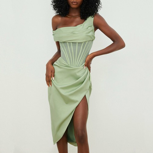 One Shoulder Satin Dress Mesh Hollow out Boned Side Split Bodycon