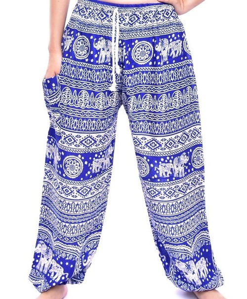 Bohotusk Mens Blue Elephant Calf Print Harem Pants Cord Tie Waist M/L