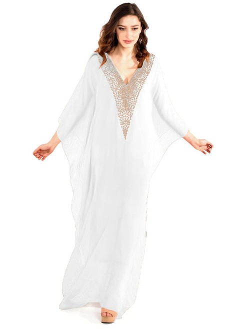 White Embroidered Kaftan, Moroccan Kaftan, White Plus Size Kaftan,