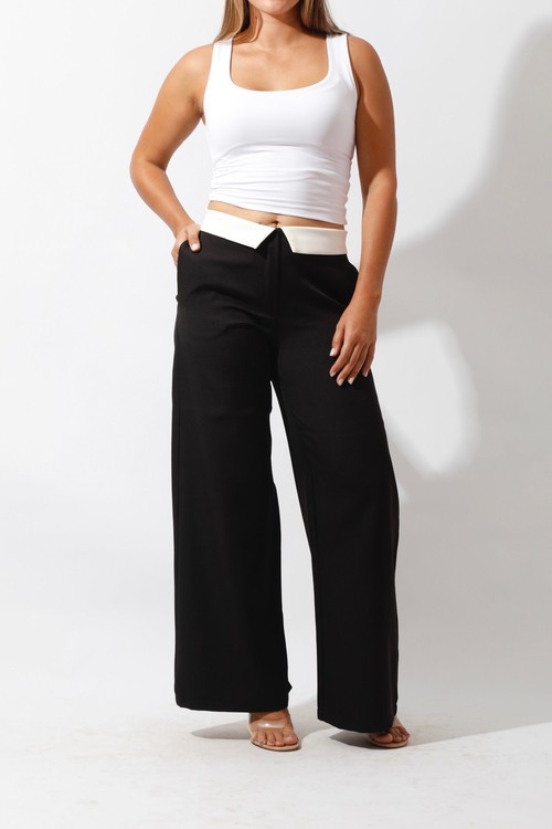 Reversed Waistband Wide Leg Pants - Black