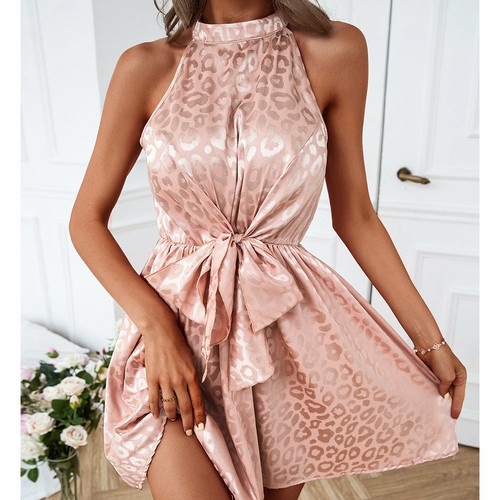 Sleeveless Halter Neck Mini Skirt Off Shoulder Leopard Print Dress