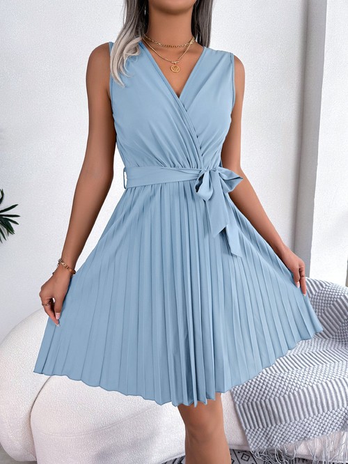 V-Neck Sleeveless Waist Gathered Pleated Dress