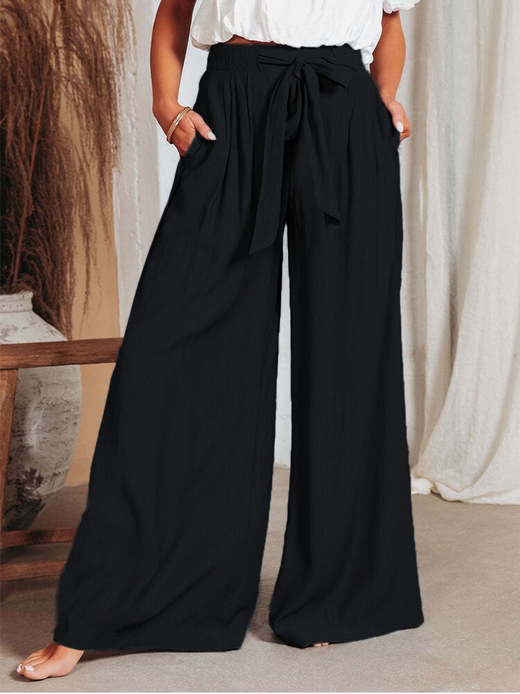 Belt Elastic Wide Leg Long Pants L BLACK 