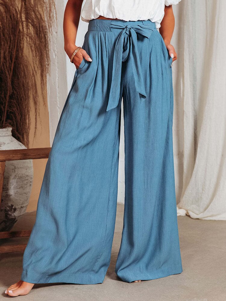 Belt Elastic Wide Leg Long Pants L BLUE 