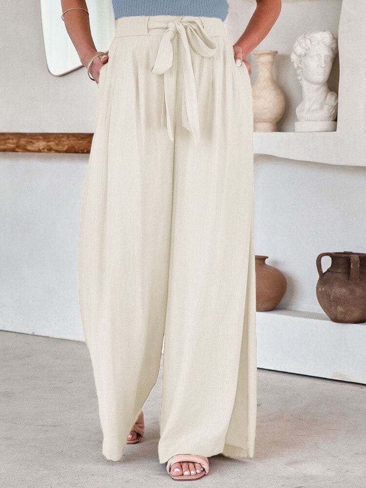 Belt Elastic Wide Leg Long Pants M IVORY 