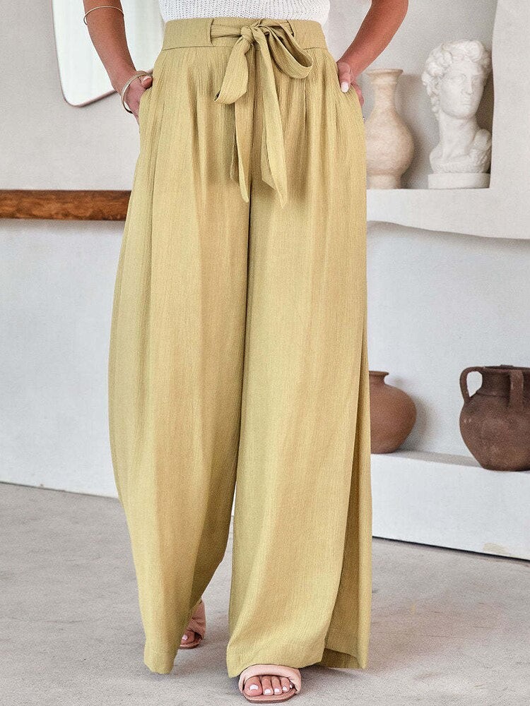 Belt Elastic Wide Leg Long Pants S KHAKI 