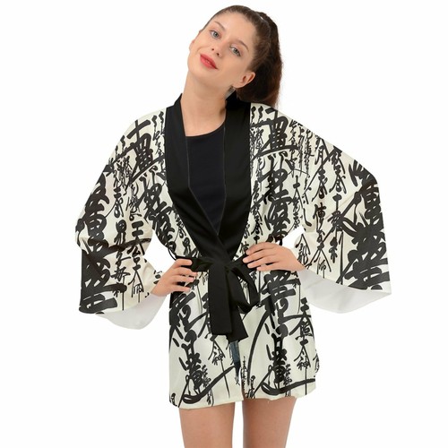 Oriental Design Kimono Black And White Long Sleeve Kimono